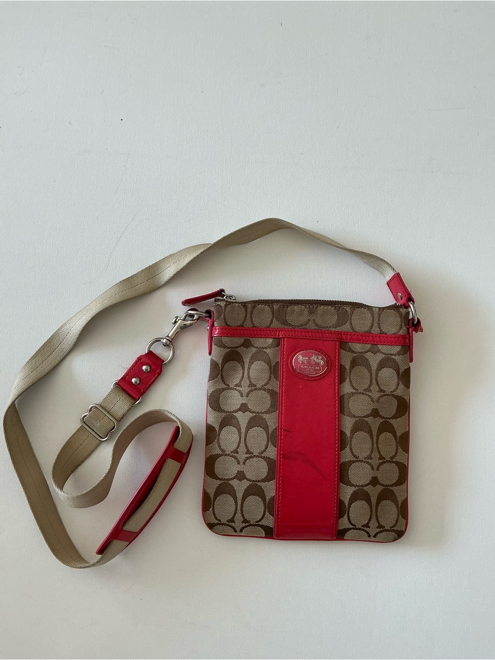 Coach Signature Stripe Crossbody Swingpack Messenger Bag Khaki & Pink